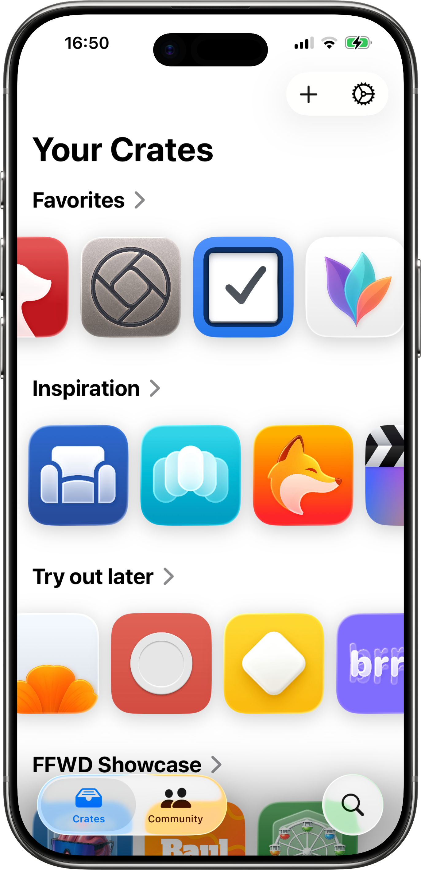 Diggr app showing app crates on an iPhone